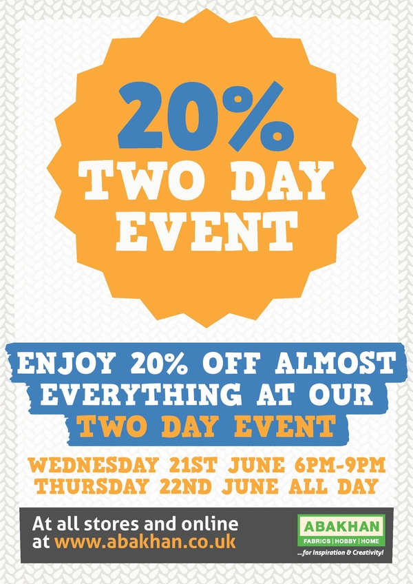 20% TWO DAY EVENT at all stores and online!