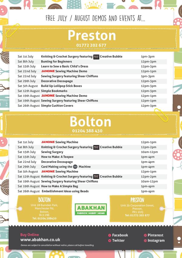 Free demonstrations at Preston & Bolton during May & June
