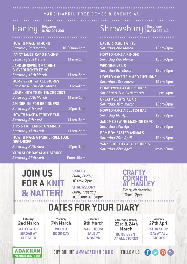Free demonstrations at Hanley & Shrewsbury March & April 2019