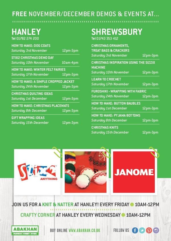 Free demonstrations at Hanley & Shrewsbury during November & December 2018