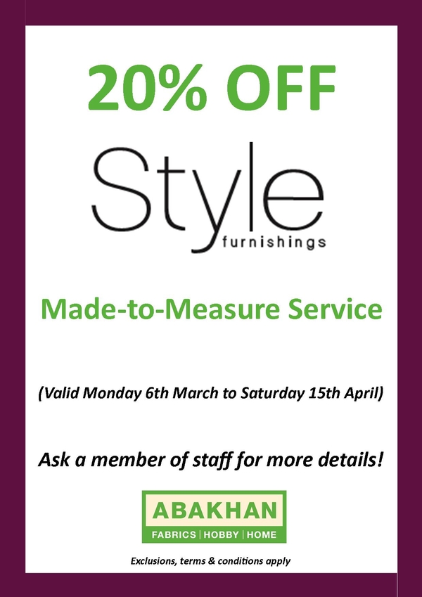 20% OFF Style Made-to-Measure Orders Monday 6th March to Saturday 15th April