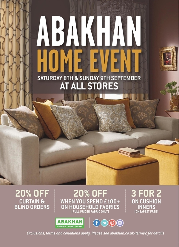 Abakhan Home Event at all Stores Saturday 8th & Sunday 9th September!